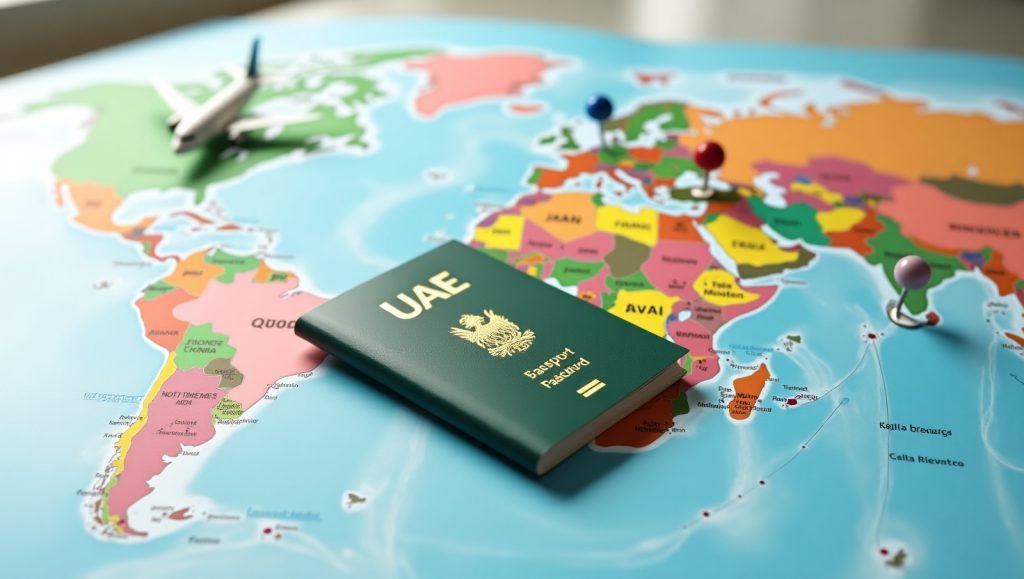 تصویری از یک پاسپورت امارات که روی نقشه جهان قرار گرفته. با اقامت موقت دبی به کدام کشورها می‌توان سفر کرد؟ + لیست 179 کشور